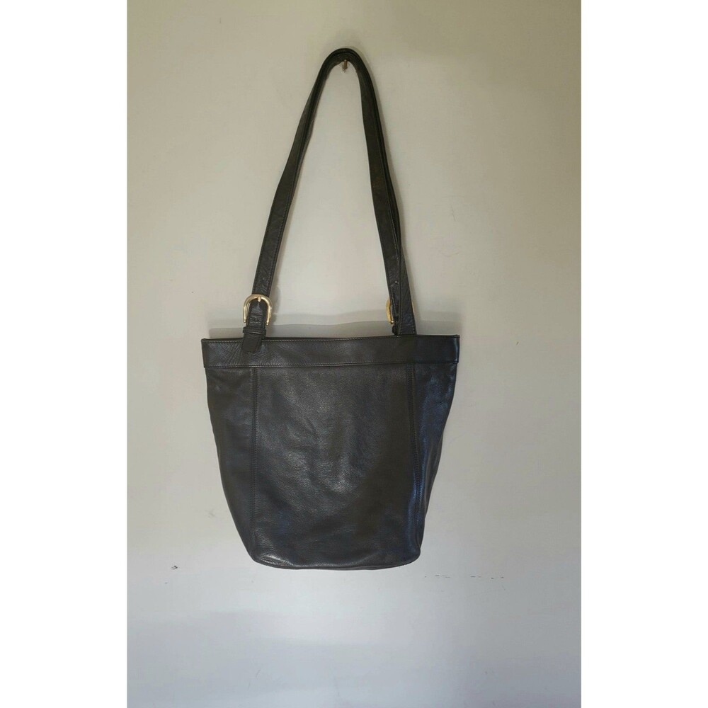 Ili New York- Black Leather Bucket  Purse Bag Boho 2 strap gold buckles